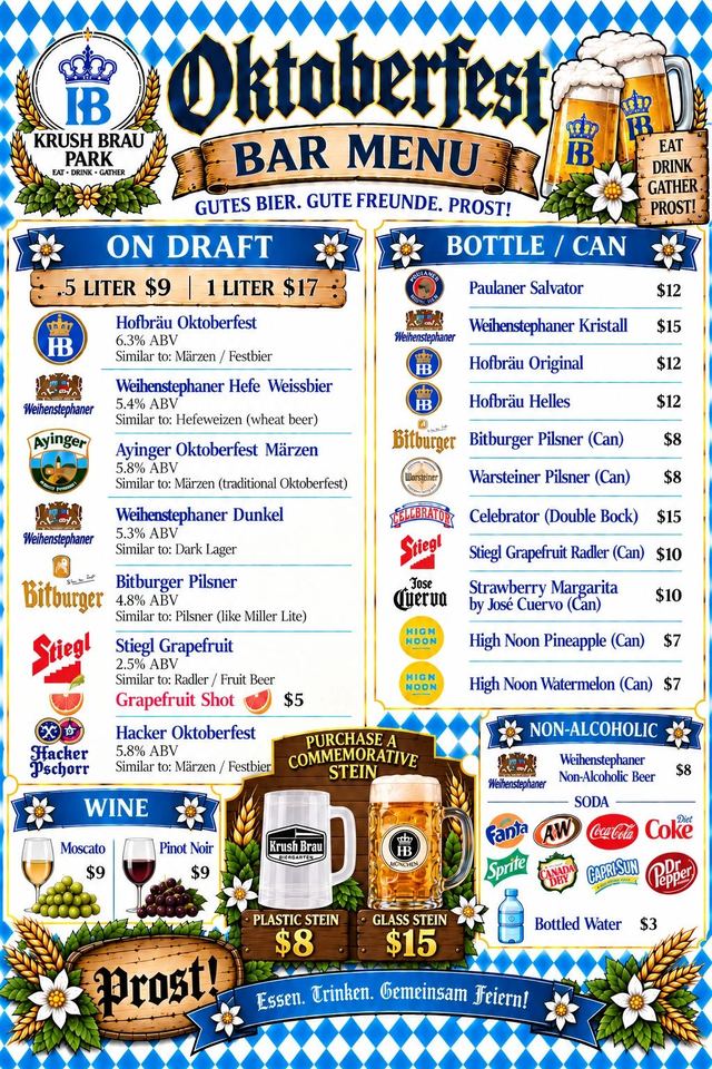 World Event Center drink menu at Krush Brau Park, Kissimmee – photo 3