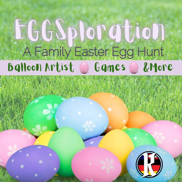 Colorful Easter eggs on grass promoting a family egg hunt event.