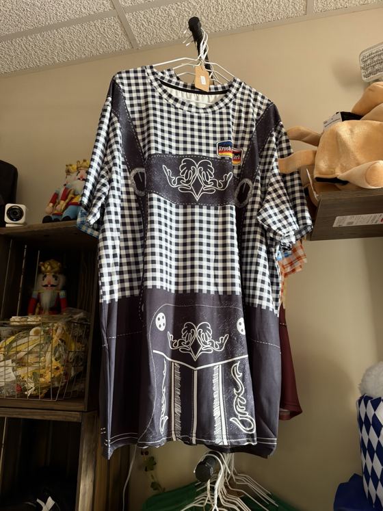 Black and white gingham shirt printed to look like lederhosen with suspenders, with a Krush Brau Park patch