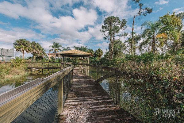 Weathered wooden boardwalk crossing the swampy grounds of the abandoned zoo