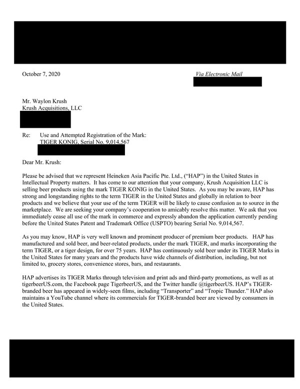 First page of the October 2020 cease-and-desist letter from Heineken Asia Pacific lawyers, personal details redacted