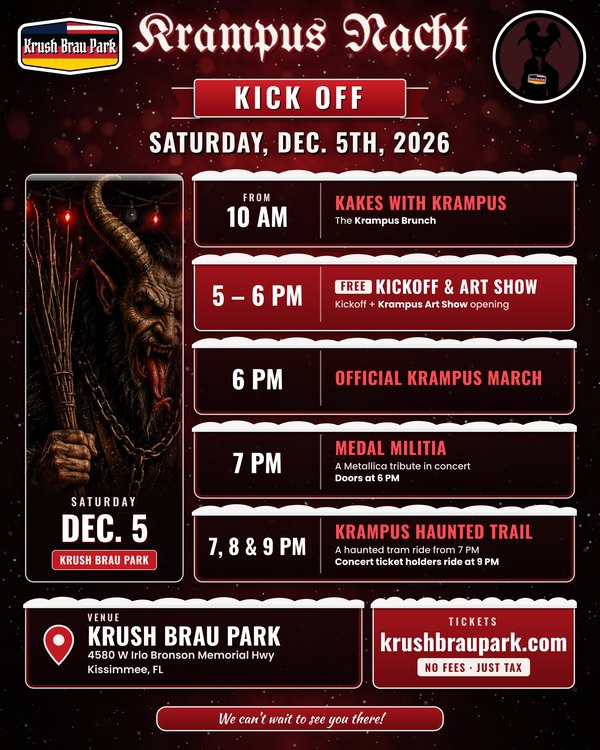 Krampus Con Kick Off poster: a horned, fur-cloaked Krampus with chains and brass bells raises a foaming wooden beer stein beside a snowy Krush Brau Park Christmas market. Dec. 5: free Kickoff and Art Show 5 to 6 PM, Official Krampus March 6 PM, then the ticketed Medal Militia concert at 7 PM.