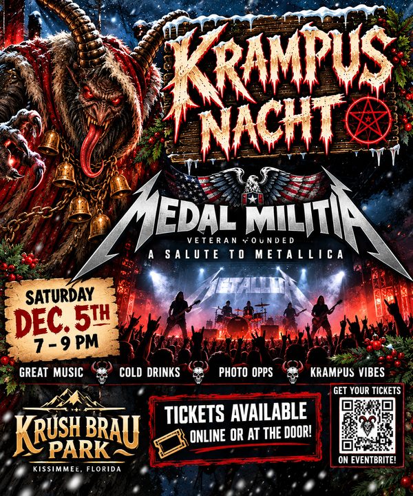 Krampus Nacht poster: a red-eyed Krampus with a long tongue and brass bells looms over a cheering concert crowd as Medal Militia, a veteran-founded salute to Metallica, plays on a smoky stage. Saturday, Dec. 5, 7–9 PM; tickets online or at the door, with an Eventbrite QR code.